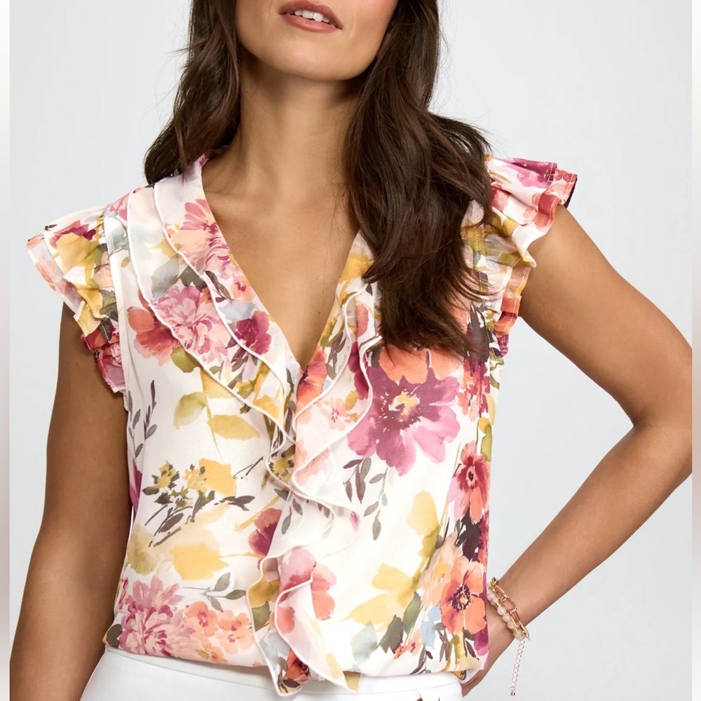 Women's Cream Floral Ruffle V-Neck Blouse with Pink Accents